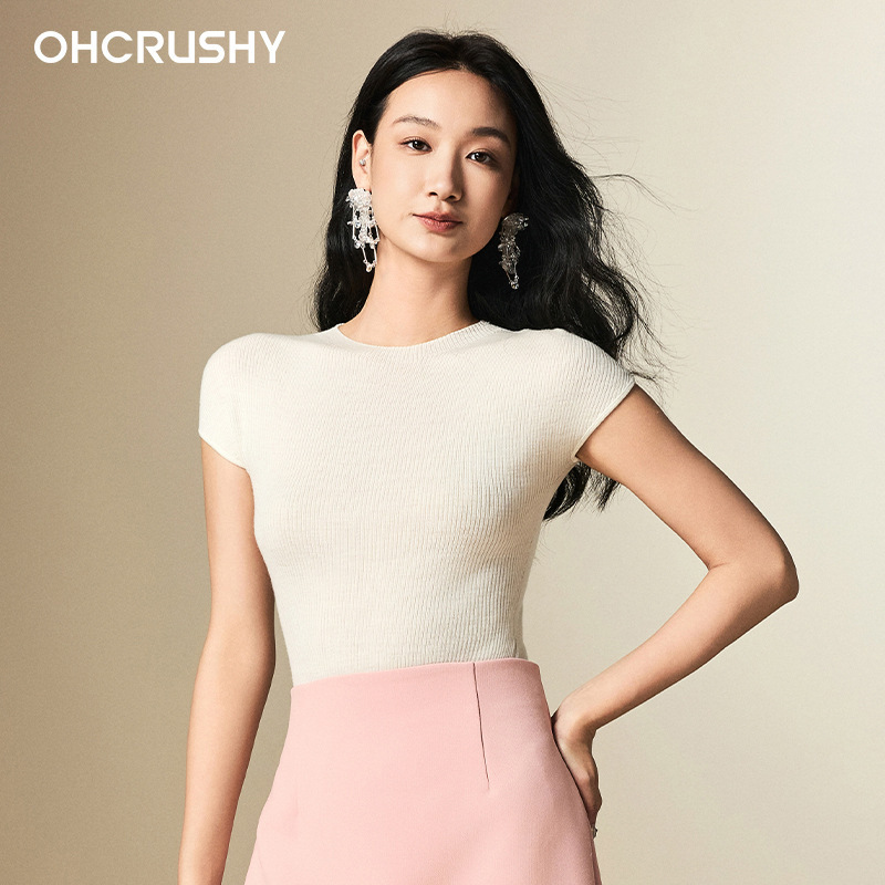 OHCRUSHY扬子纱140S无缝一体包肩羊毛针织短袖女夏季薄款灰色上衣|undefined