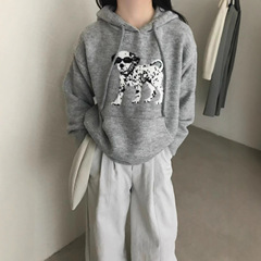 秋冬季新款宽松减龄针织帽衫女上衣韩系斑点狗抽绳连帽套头毛衣女