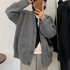 2025秋季新款大码针织衫慵懒风大口袋加厚开衫韩版v领毛衣外套女