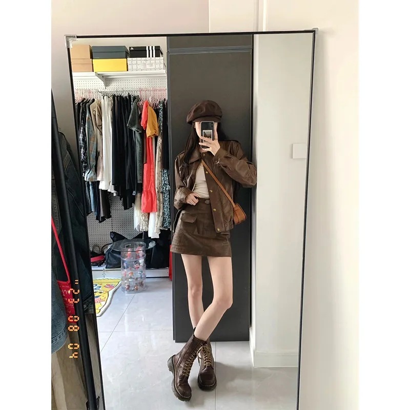 时尚气质春秋季新款复古咖色仿PU皮衣外套女装皮夹克两件套装短裙|undefined