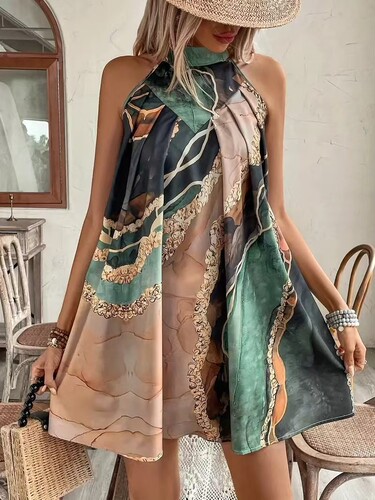 Slim-fit bag, hip sleeveless round neck stripe print, sexy mini dress, design contrasting colors from Europe and America