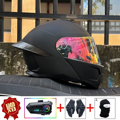Motosiklet dəbilqələri — certified Orz motorcycle helmet for men and - m-matte-black-with-iridescent-red-night-vision-y10-bluetooth-hard-microphone