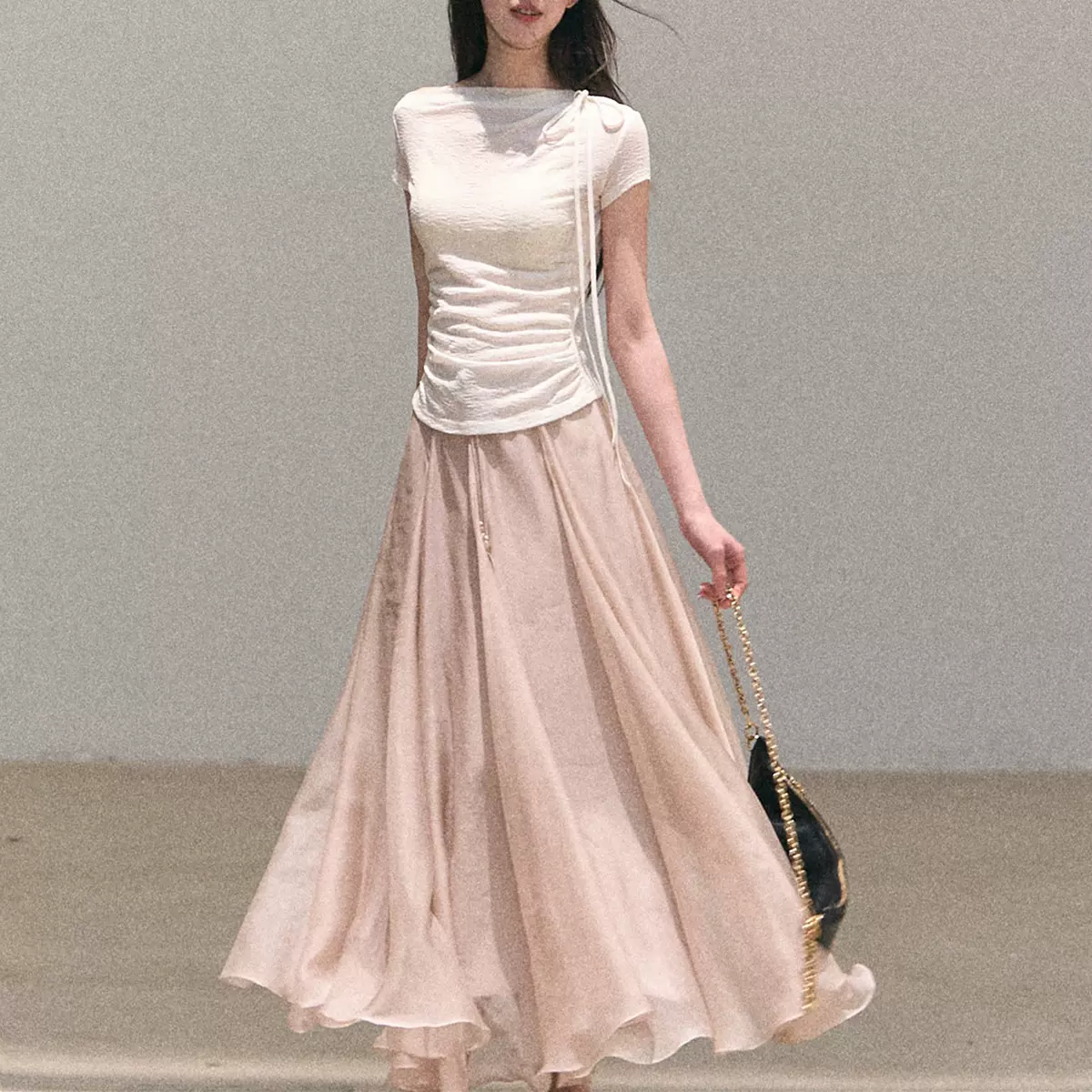 读风里的诗 欧根纱重工大摆量A字半身裙春夏微透垂感网纱长裙女