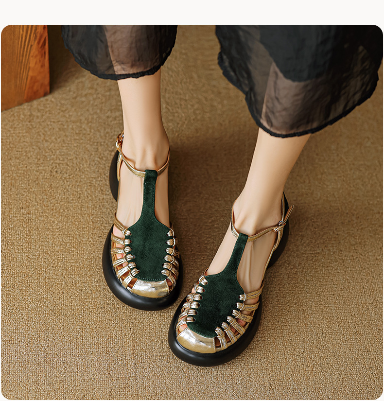 Sandal nữ quai ngang dệt mảnh da lộn, gót vuông ổn định, đế dày ghép màu — Màu đen chi tiết 11