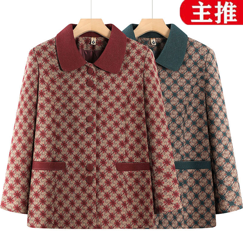 妈妈2025新款翻领秋季上衣中老年人春秋款格子外套70岁老太太衣服|undefined