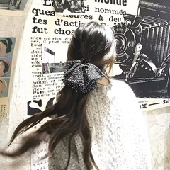 フレンチレトロメッシュ水玉模様のリボンクリップ、ファッショナブルなシフォンハーフグリップヘアアクセサリー、女性用ヘアクリップ