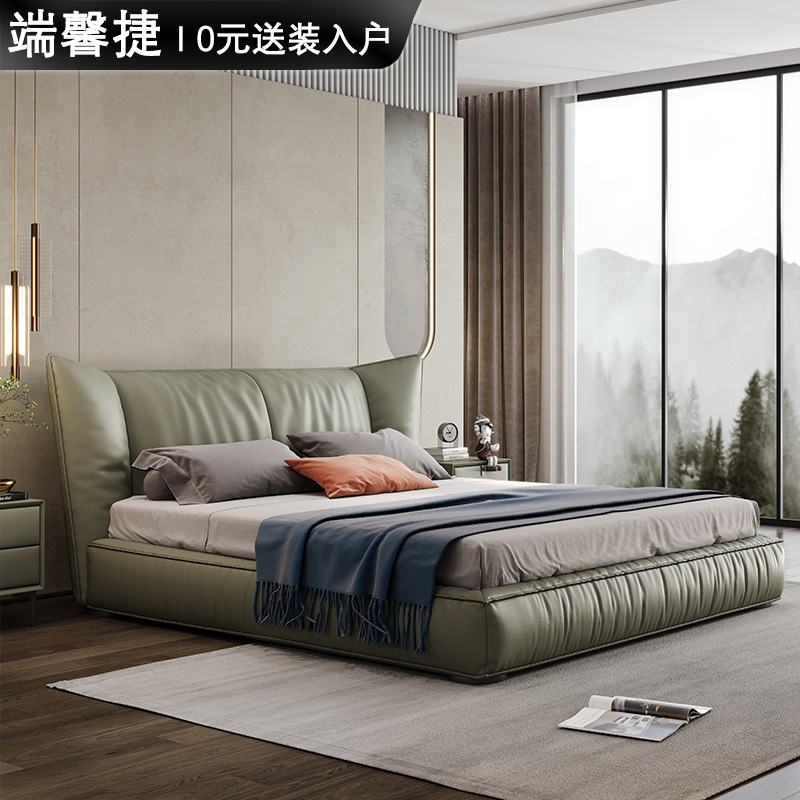 Cama de cuero genuino dormitorio principal elegante cama doble italiano minimalista primera capa piel de vaca simple bolsa suave cama de cuero 1,8*2 m cama de boda