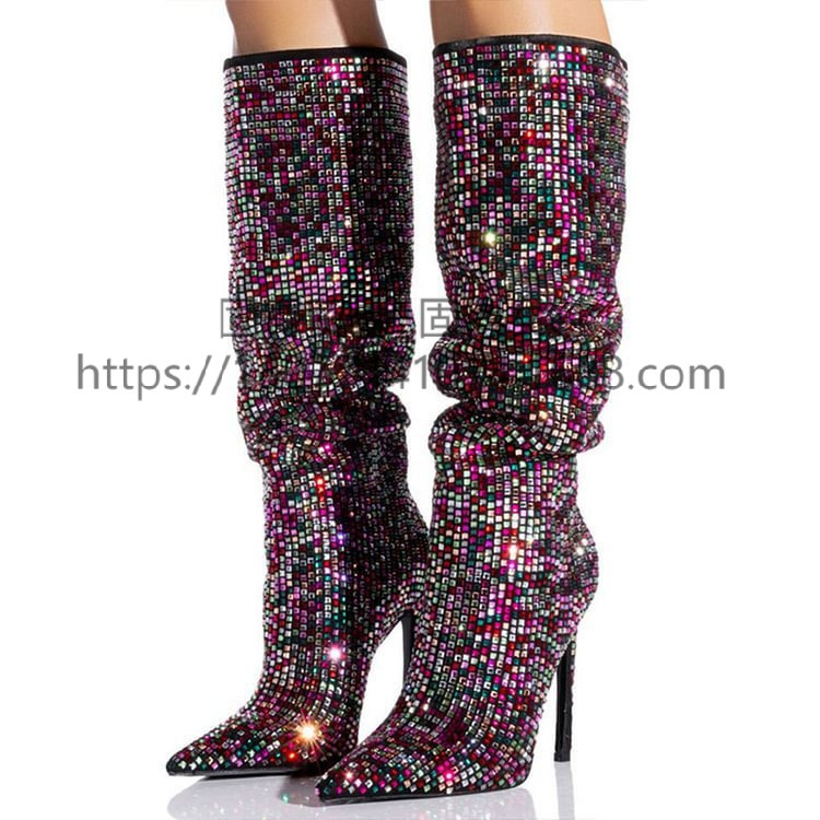 Independent station ins fashion catwalk show stiletto heel color rhinestone BlingBling Boots women's shoes Long Boots