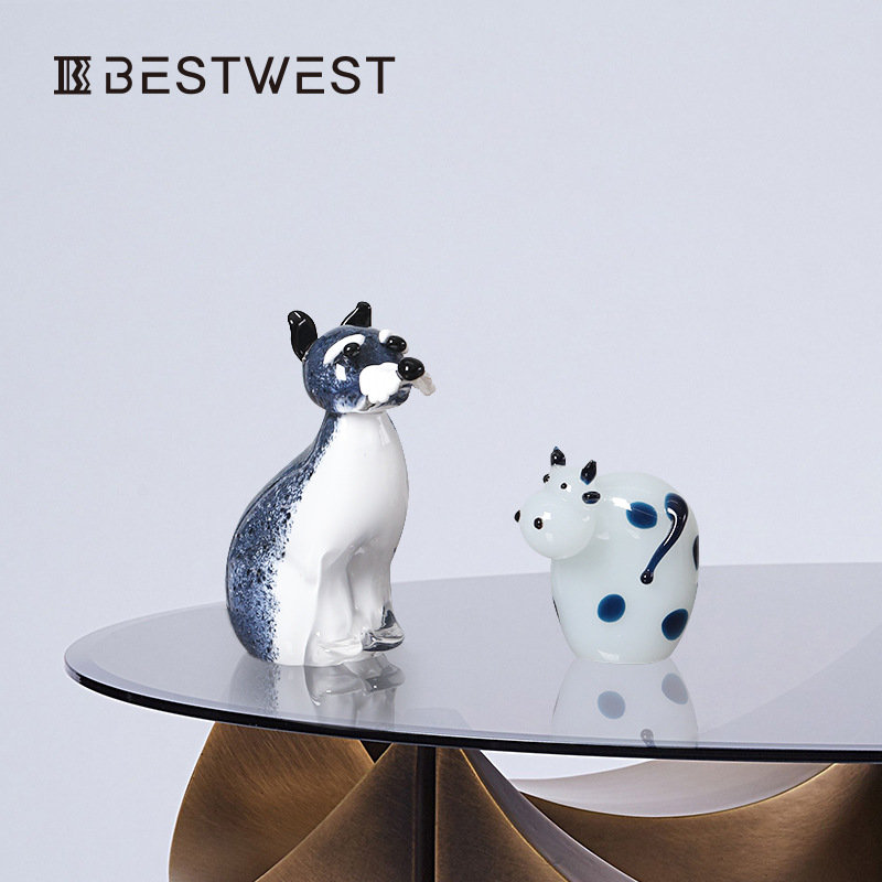 Best west 创意玻璃摆件牛狗猫工艺品摆件书房客厅轻奢软装饰品