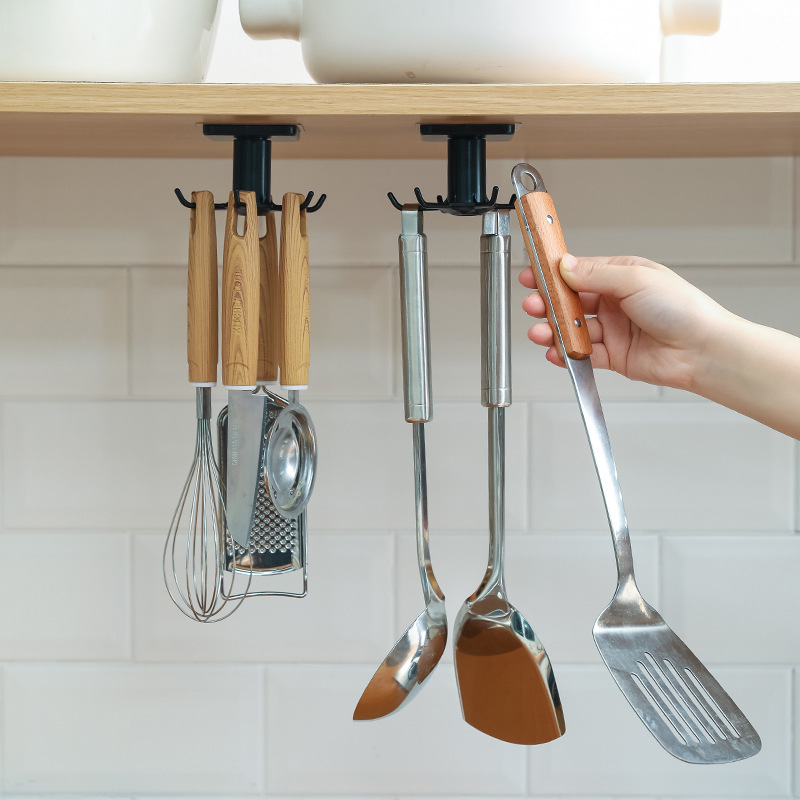 Manufacturer's Creative Kitchen Wall-Mounted Rotatable Spoon and Spatula Holder with 6 Hooks, Cabinet Bathroom Small Items Storage Rack