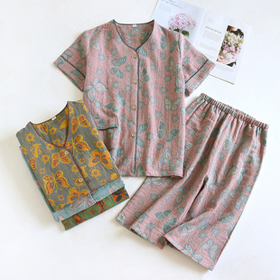 Summer Pure Cotton Gauze Pajamas Women's Short-sleeved Cropped Pants V-neck Yarn-dyed Embroidered Cotton Thin Cool Home Clothes Set