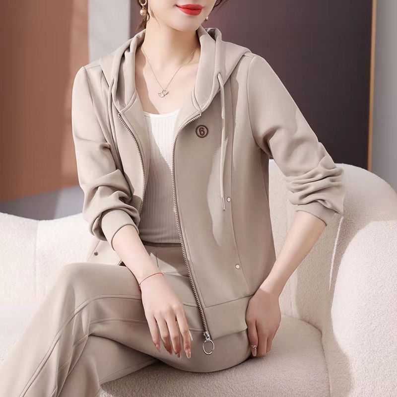新款休闲妈妈装中年春秋运动套装中老年女秋装上衣连帽外套两件套|undefined