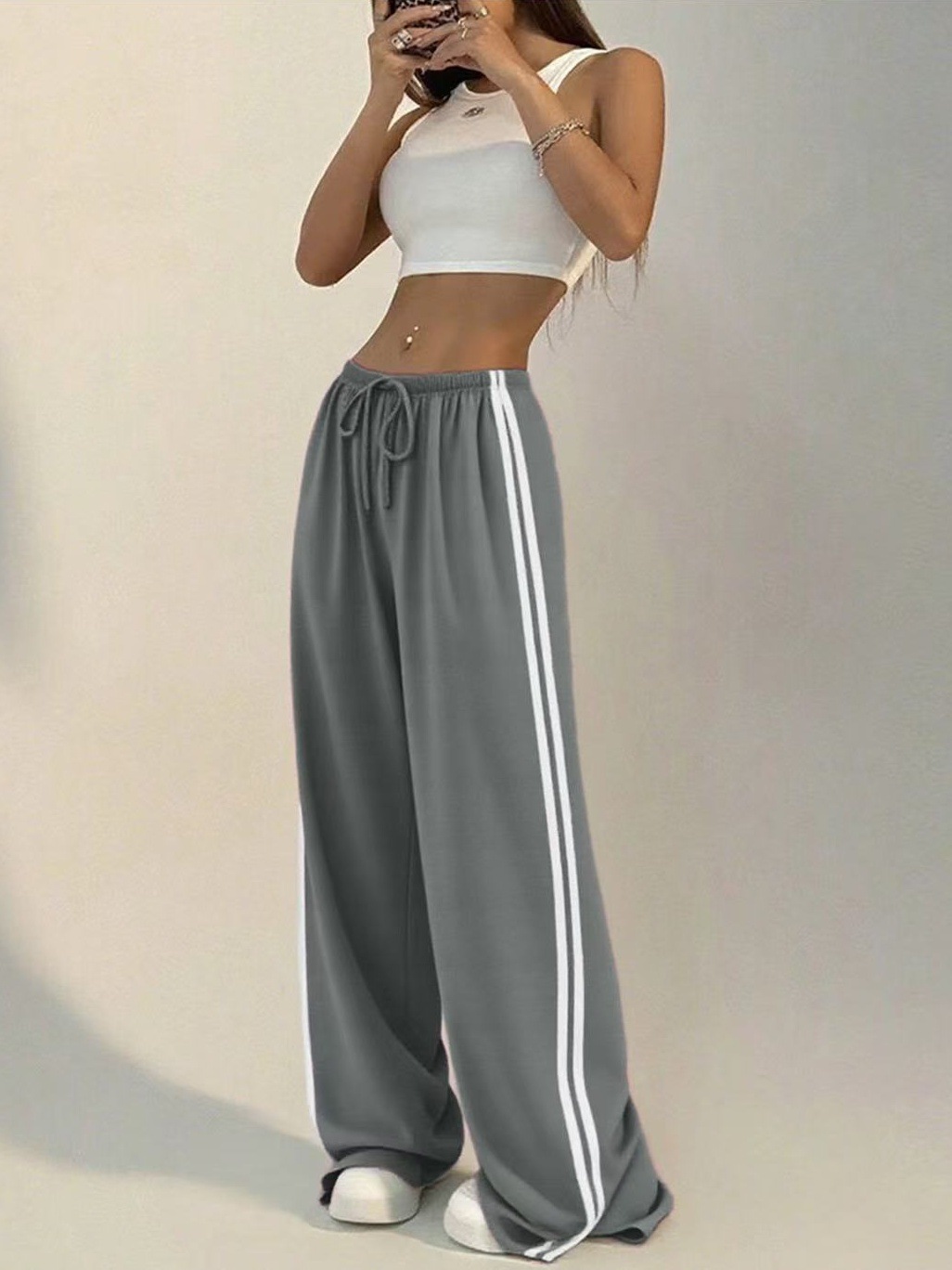 High-waisted Wide-leg Lounge Pants With Side Stripe Detail_voghion.com