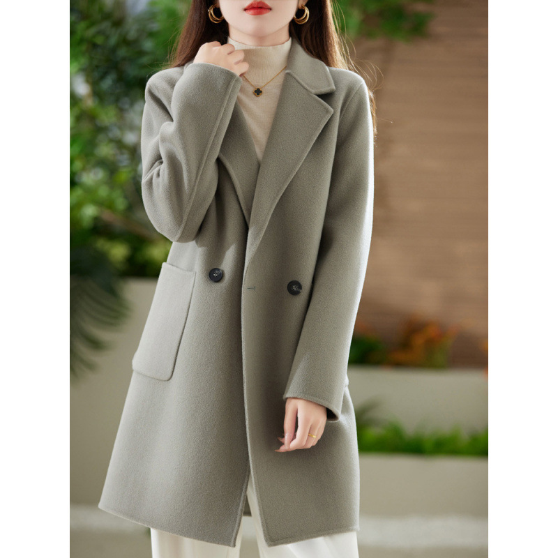 Coat Elegant Autumn and Winter New Double-sided Tweed Coat Women's Mid-length Suit 100% Wool Tweed Slim-fit Fashion plus size