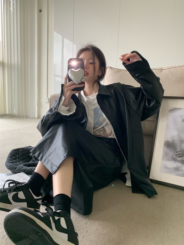 2025秋季新款美式辣妹风设计感百搭长袖皮衣高腰半身裙时尚套装女|undefined