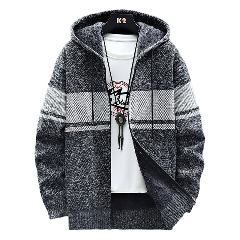 Suéter con Capucha para Hombre, Estilo Casual, Holgado, Forrado de Felpa, Grueso, de Manga Larga, Cárdigan de Punto, Otoño-Invierno