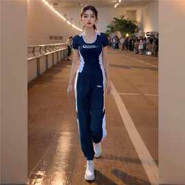 黑色跑步运动套装女2025夏季新款短袖晨跑两件套时尚休闲运动套装