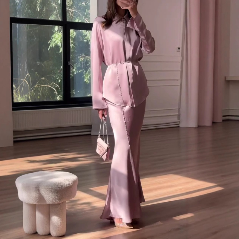 Amazon Aliexpress Turkey 2025 French-Style Shirt Collar Cardigan Tie-Up Top and Hip-Hugging Long Skirt Set