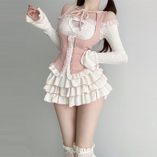 純欲芭蕾風套裝女春秋季馬甲背心一字肩長袖襯衫蓬蓬蛋糕裙三件套