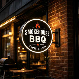 跨境专供圆形双面 LED 灯箱定制 烧烤 BBQ 餐饮店铺外墙户外发光