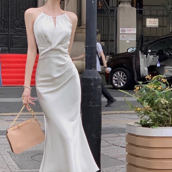 From the moment of creation god white neck suspenders dress women's summer satin fishtail high-end long skirt
