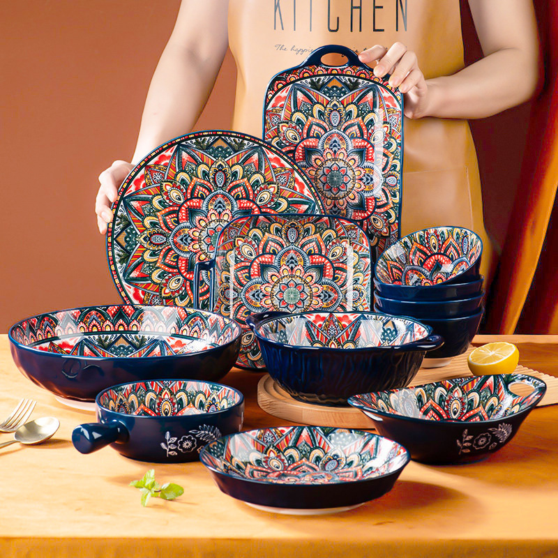 Blue Bohemian Porcelain Bowl, Beautiful Bowl, Cross-Border Porcelain Tableware, Microwave-Safe Rice Bowl and Plate Set Blue Bohemian Porcelain Bowl, Beautiful Bowl, Cross-Border Porcelain Tableware, Microwave-Safe Rice Bowl and Plate Set