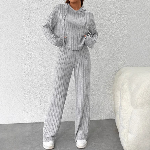 European and American Autumn/Winter Casual Knitted Long-Sleeved Set: Women's Hoodie with Drawstring and Loose-Fitting Pants—Two-Piece Set