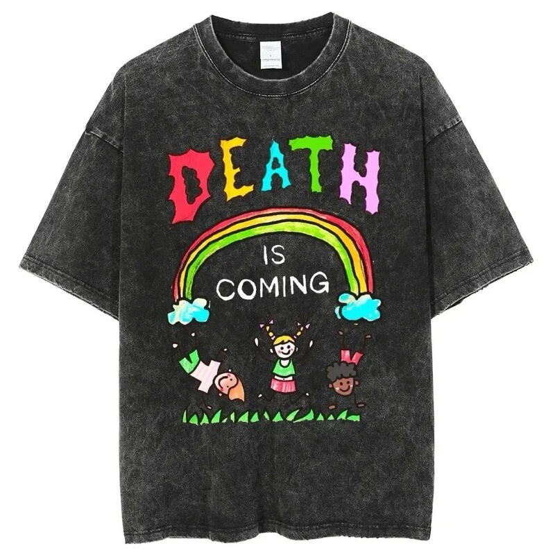 T-Shirt Top Classic Washed Anime Y2K T-Shirt Printed Short-Sleeve Tiki Cotton Unisex "Death Is Coming" Design