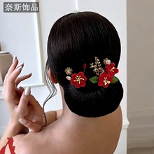 奈斯NS393 喜庆花朵发簪新娘复古头饰发夹红色拍照发饰旗袍配饰