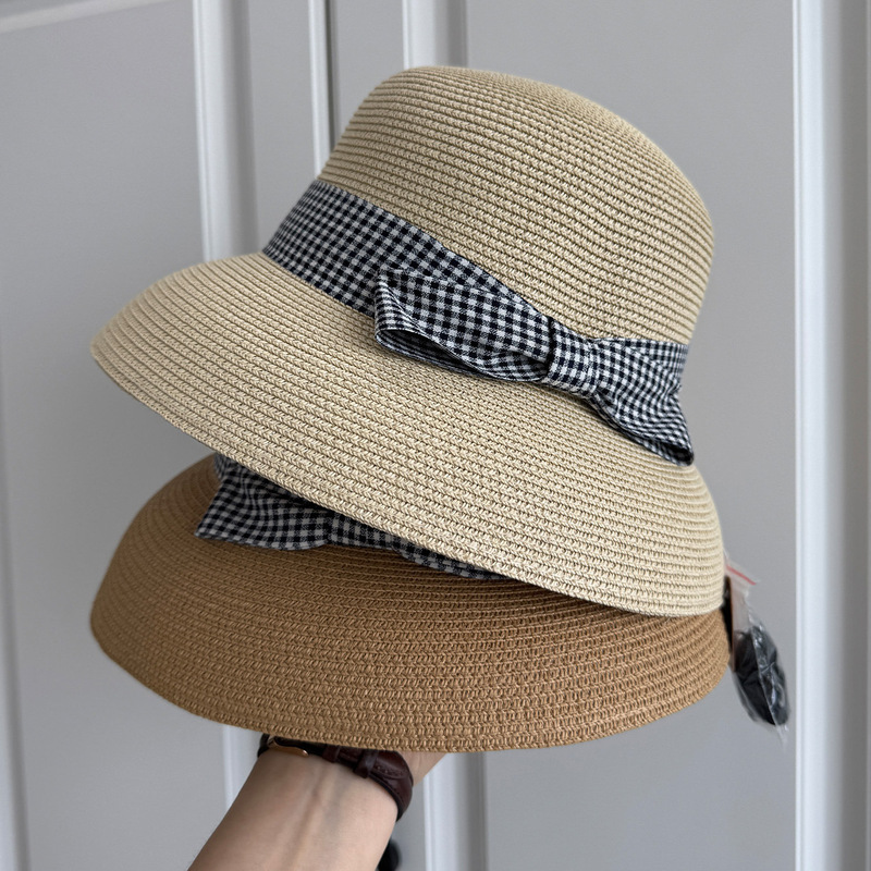 French Bow Bell-Shaped Straw Hat for Women, Seaside Beach Sun Hat, Face-Showing Small Holiday Sun Hat