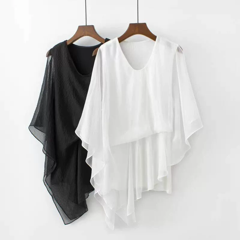 Новая шифоновая рубашка для женщин больших размеров, стильная женская футболка большого размера с рукавом три четверти, свободный крой из ледяного шелка, скрывающий живот, утягивающий французский топ.