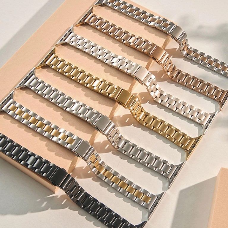 Suitable for iWatch Watch Strap for Women, Stainless Steel Electroplated Small Waist S945Mm Three-Bead Applewatch Watch Strap