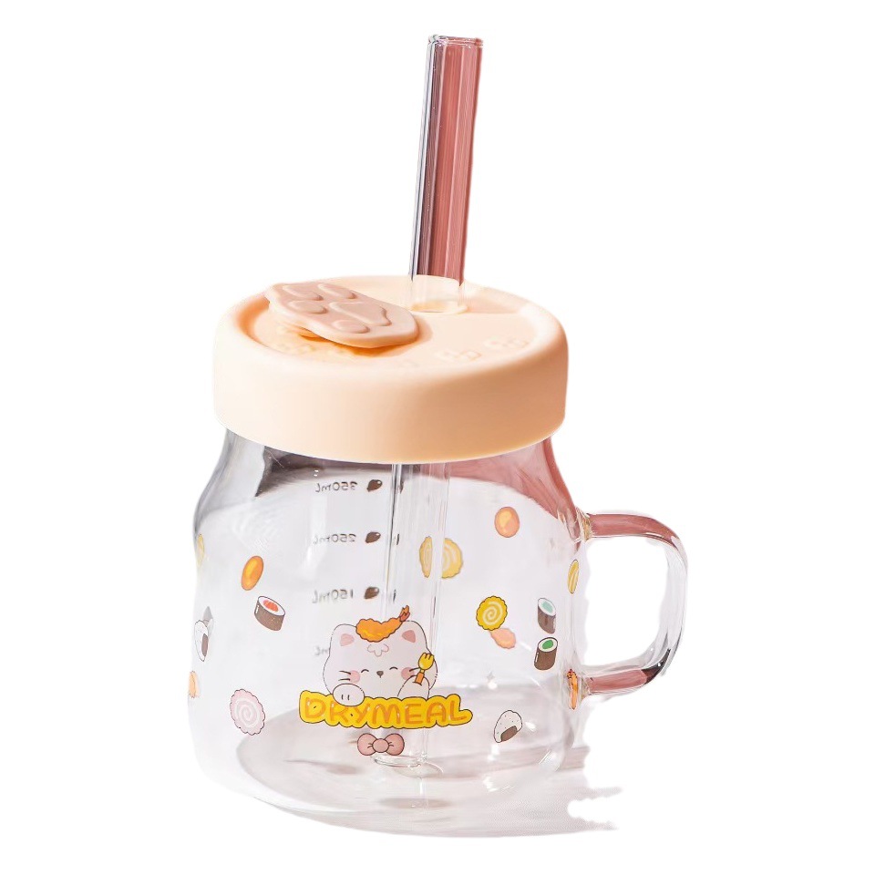 Creativo lindo gato de dibujos animados taza de vidrio transparente Gran taza de paja taza de la escala lindo de alta apariencia Oficina