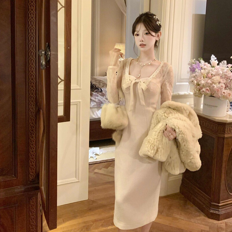 中古千金感翻折花瓣领毛毛斗篷披肩/小香风蕾丝气质连衣裙套装女|undefined