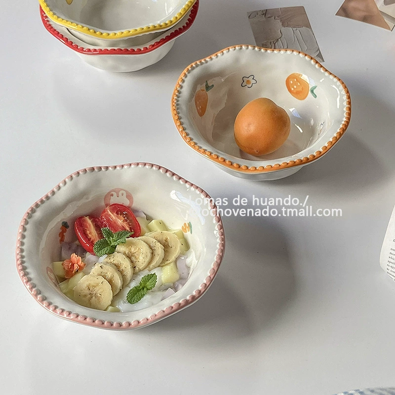 [ins碗北欧风手绘复古浮雕碗酸奶麦片早餐碗可爱吃饭碗好看新款碟]