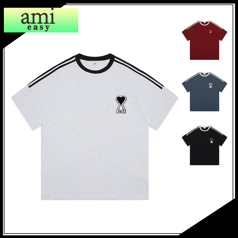 Ami&Easy Big Heart Letter Trendyy T-Shirt Men's Summer New Three-Stripes Classic Round Neck Loose Couple Style