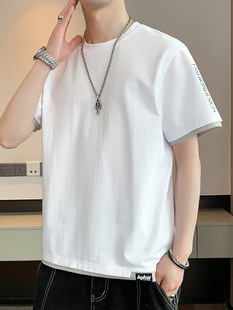 Pure Cotton T-Shirt Men's Short-Sleeved Summer Thin Fake Two-Piece Loose Trendy Brand Trendy Half-Sleeved T-Shirt Men's Tops