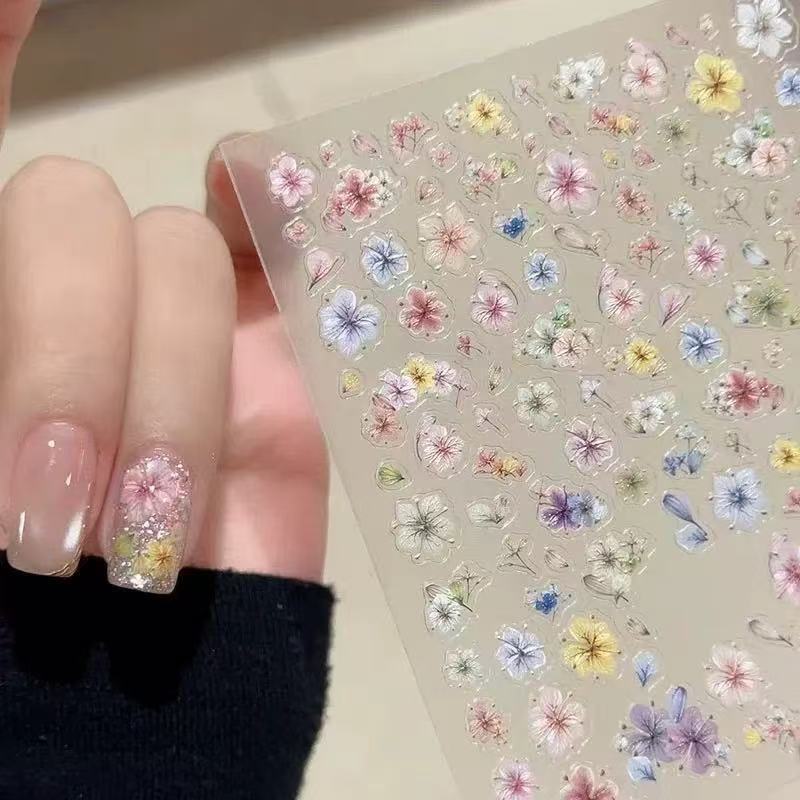 Ins Air-Dried Flower Nail Art Stickers Gradient Blooming Colorful Dried Flower Embossed Texture Small Decals Glitter Small Flowers