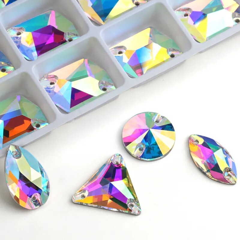 Cross-Border Hot-Selling Electroplated Ab Various Specifications Irregular-Shaped Flat-Back Rhinestones with Exquisite Packaging, Glass Flat-Back Double-Hole Hand-Sewn Rhinestones