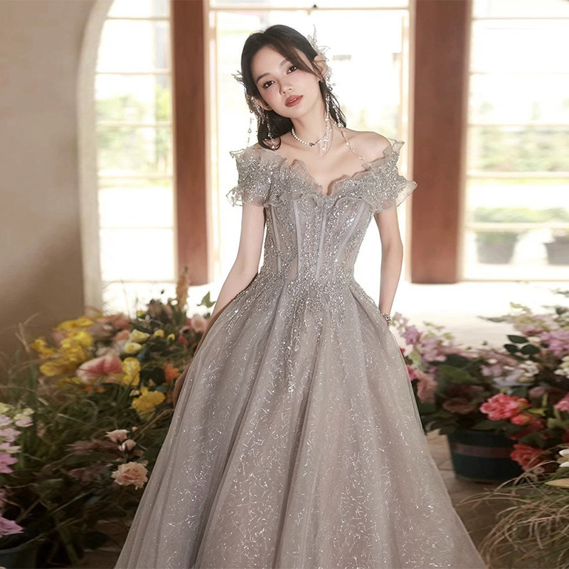 Đầm dạ hội nữ kiểu Pháp thiết kế trễ vai thanh lịch — Màu xám nhạt