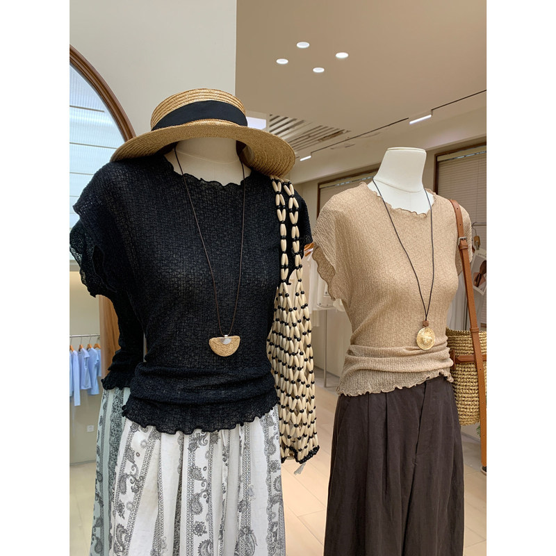 Ultra-Light, Breathable Textured Ruffled Round-Neck Short-Sleeve Knit Top with Tie-Back, Slim-Fit, Minimalist Casual Style for Women in Summer Ultra-Light, Breathable Textured Ruffled Round-Neck Short-Sleeve Knit Top with Tie-Back, Slim-Fit, Minimalist Casual Style for Women in Summer