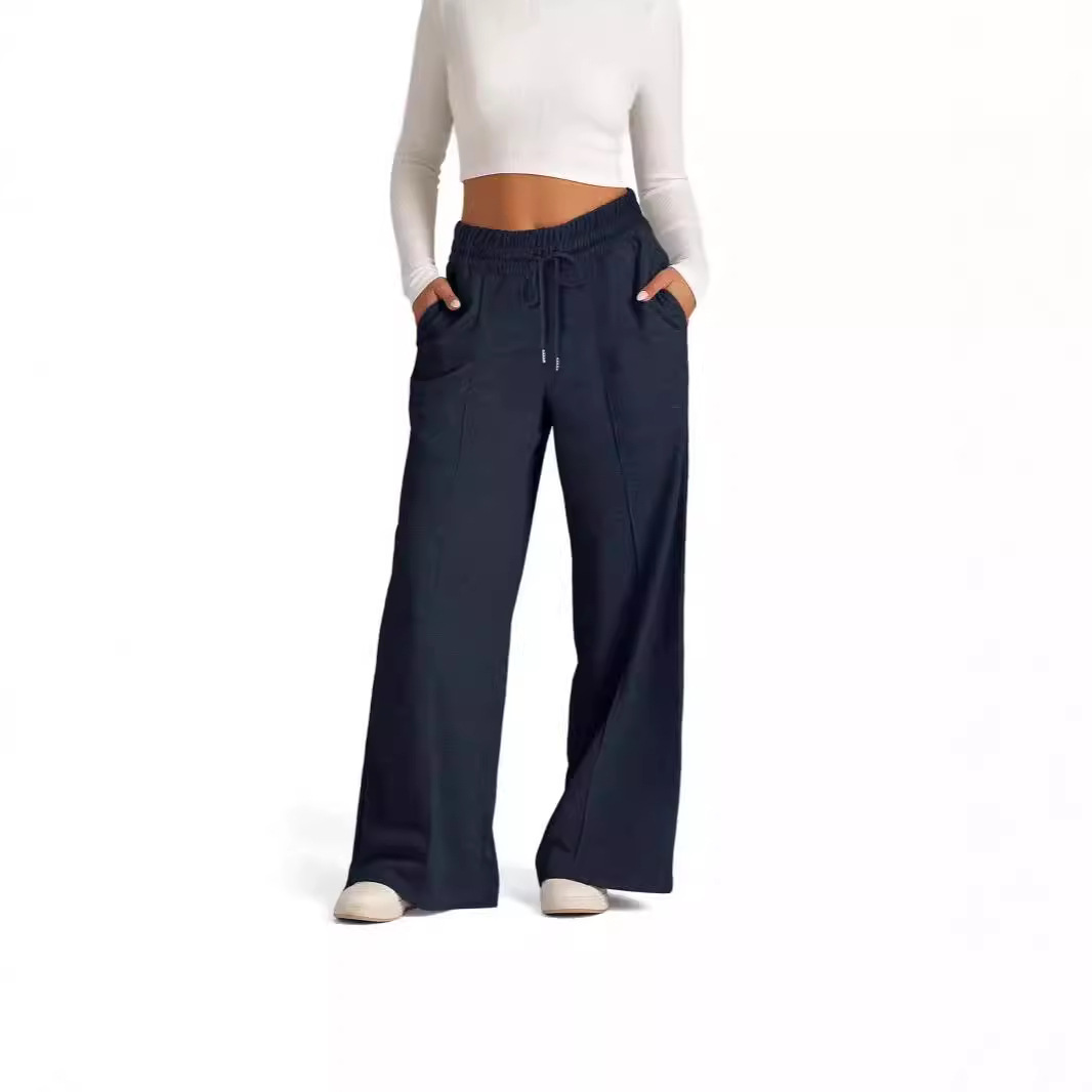 Women's Clothing drawstring solid color waist fashion wide leg casual trousers_voghion.com