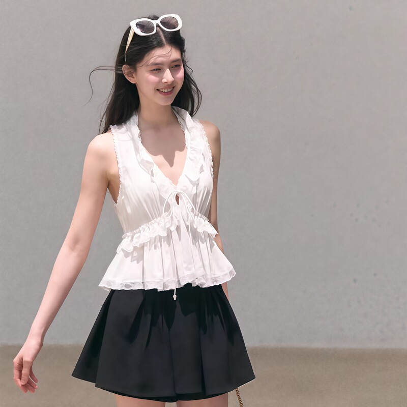 French-Style Gentle Elegance: White V-Neck Lace-Up Beaded Lace-Trimmed Vest-Style Top with Intricate Lacework French-Style Gentle Elegance: White V-Neck Lace-Up Beaded Lace-Trimmed Vest-Style Top with Intricate Lacework