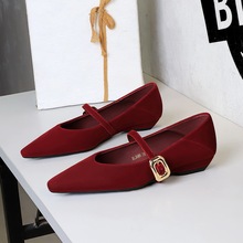 3686-K209 Korean version metal buckle women's shoes with pointed shallow mouth, fashionable sloping heel, straight buckle strap, low order shoes for women