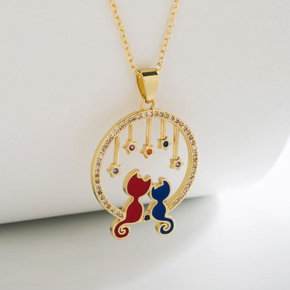 Fashion Star Cat Copper Enamel Zircon Pendant Necklace