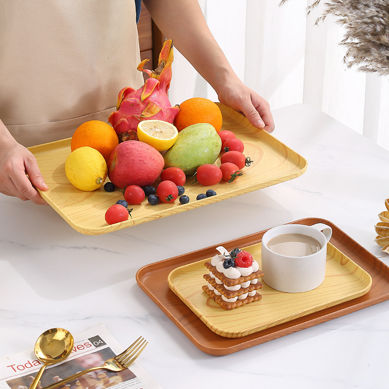 Cross-border ins tray home living room wood grain tea tray hotel restaurant commercial rectangular plastic tray fruit tray