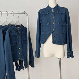 Q3780小众 牛仔也老钱中古立领正肩金扣口袋丹宁牛仔外套上衣女秋