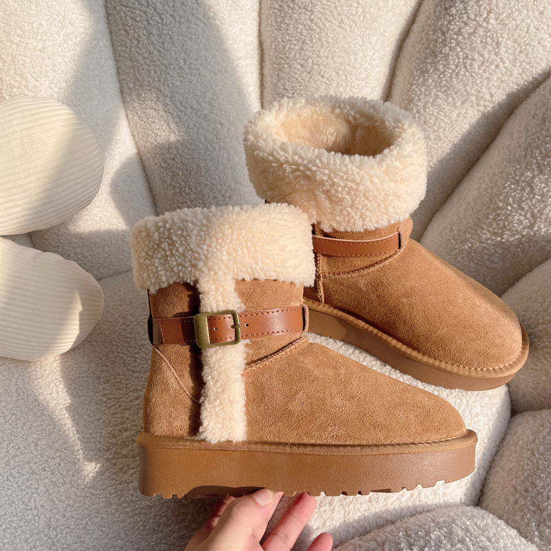 Winter New Thick Soled Height Increasing Knight Boots With Belt Buckle, Rolled Wool And Fur Integrated Snow Boots With Plush And Thickened Midsole_voghion.com