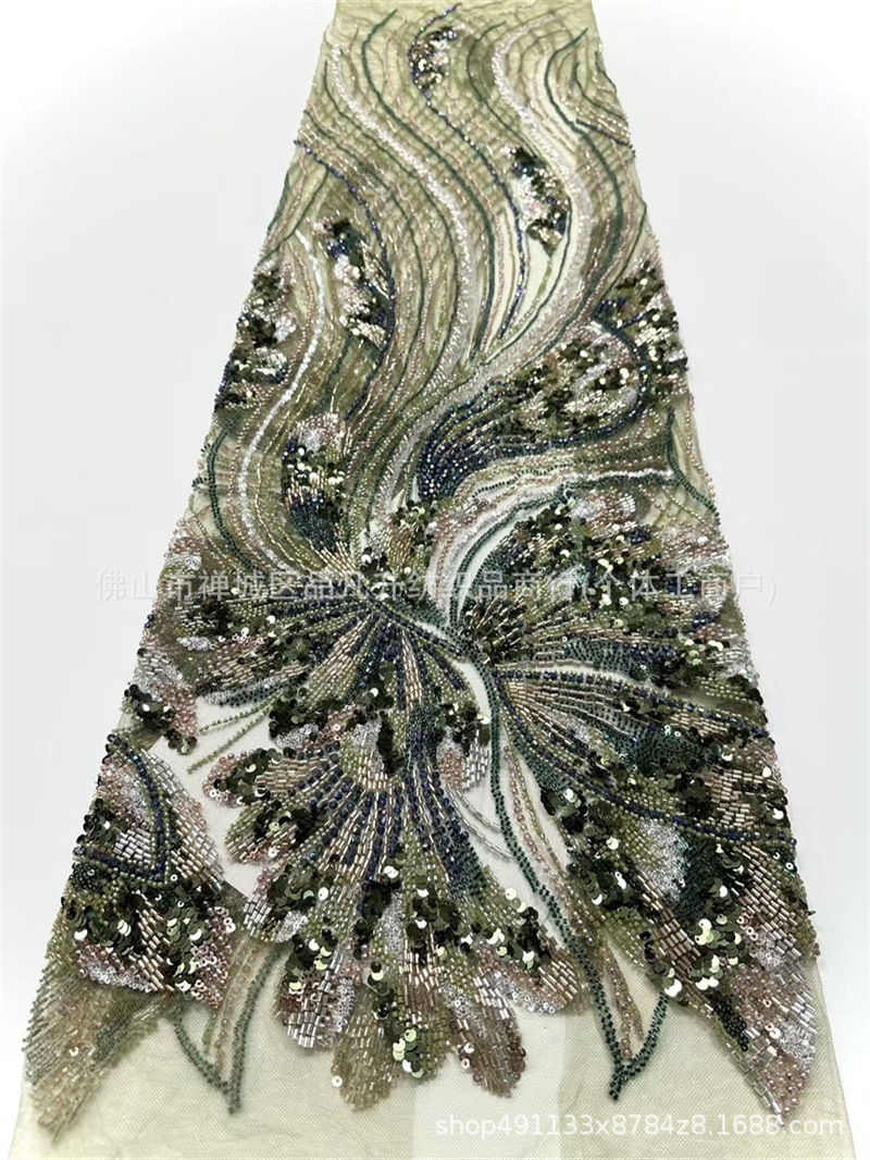 Wavy streamline Peacock pluma bordado tela de malla delgada alfombra roja vestido de cena de boda china tela de lujo ligera