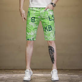夏季薄款绿色弹力个性印花中裤潮牌男士直筒牛仔休闲五分裤沙滩裤
